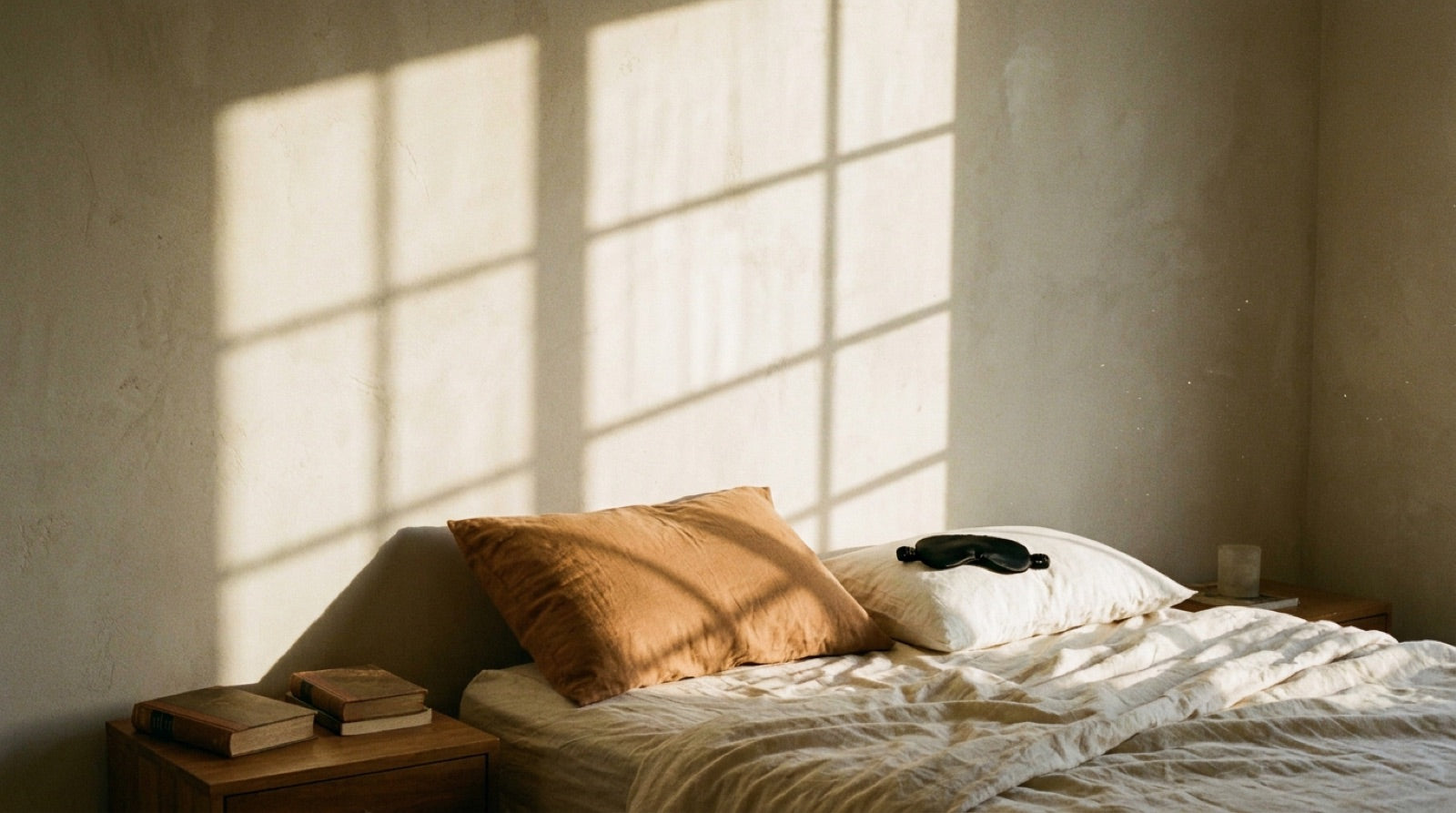 Een slaapkamer in warm avondlicht met The Eclipse Mask op het kussen
